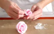6. Fingerspitzen in etwas Stärke tauchen und die Blütenblätter zu einer Rosenform modellieren. Aus dem übrigen Fondant weitere Rosen formen.